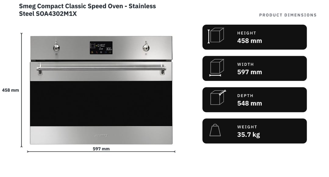 Smeg Compact Classic Speed Oven - Stainless Steel SOA4302M1X — product dimensions