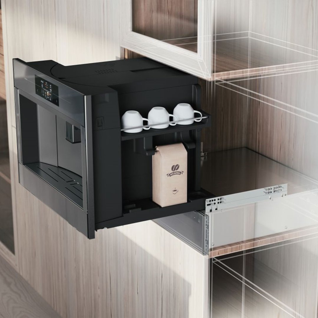 ASKO AGENCY coffee machine pulled out from a wooden cabinet with cups and coffee