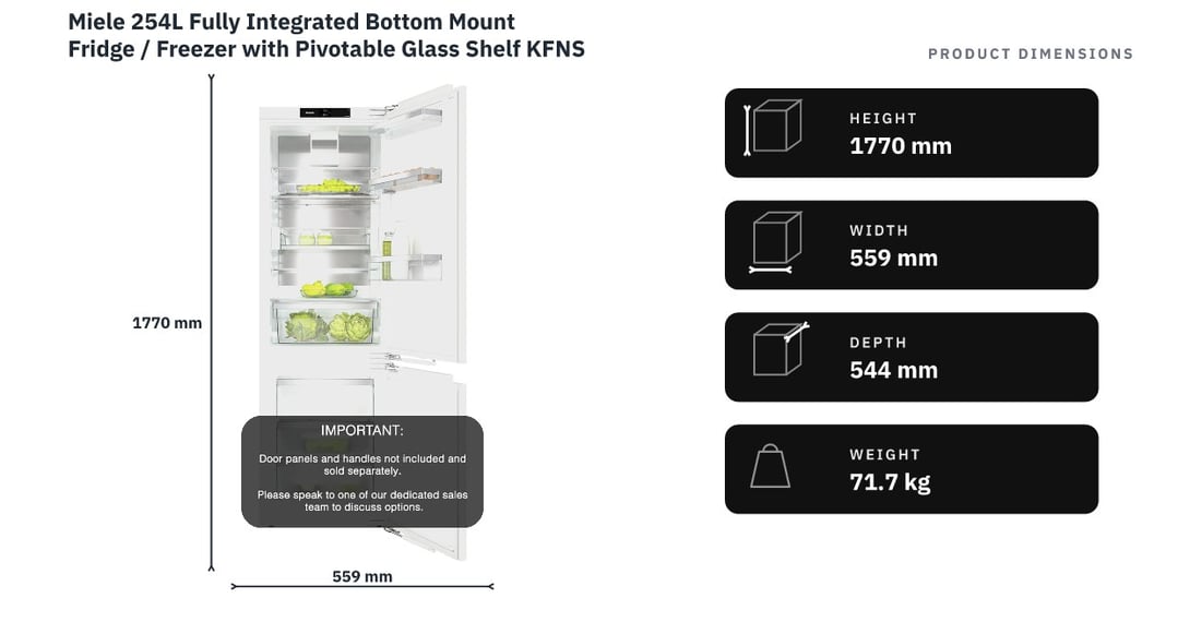 Miele 254L Fully Integrated Bottom Mount Fridge / Freezer with Pivotable Glass Shelf KFNS7784D — product dimensions