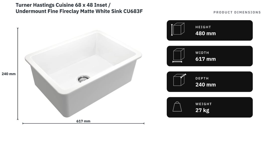 Turner Hastings Cuisine 68 x 48 Inset / Undermount Fine Fireclay Matte White Sink CU683FS-MW — product dimensions