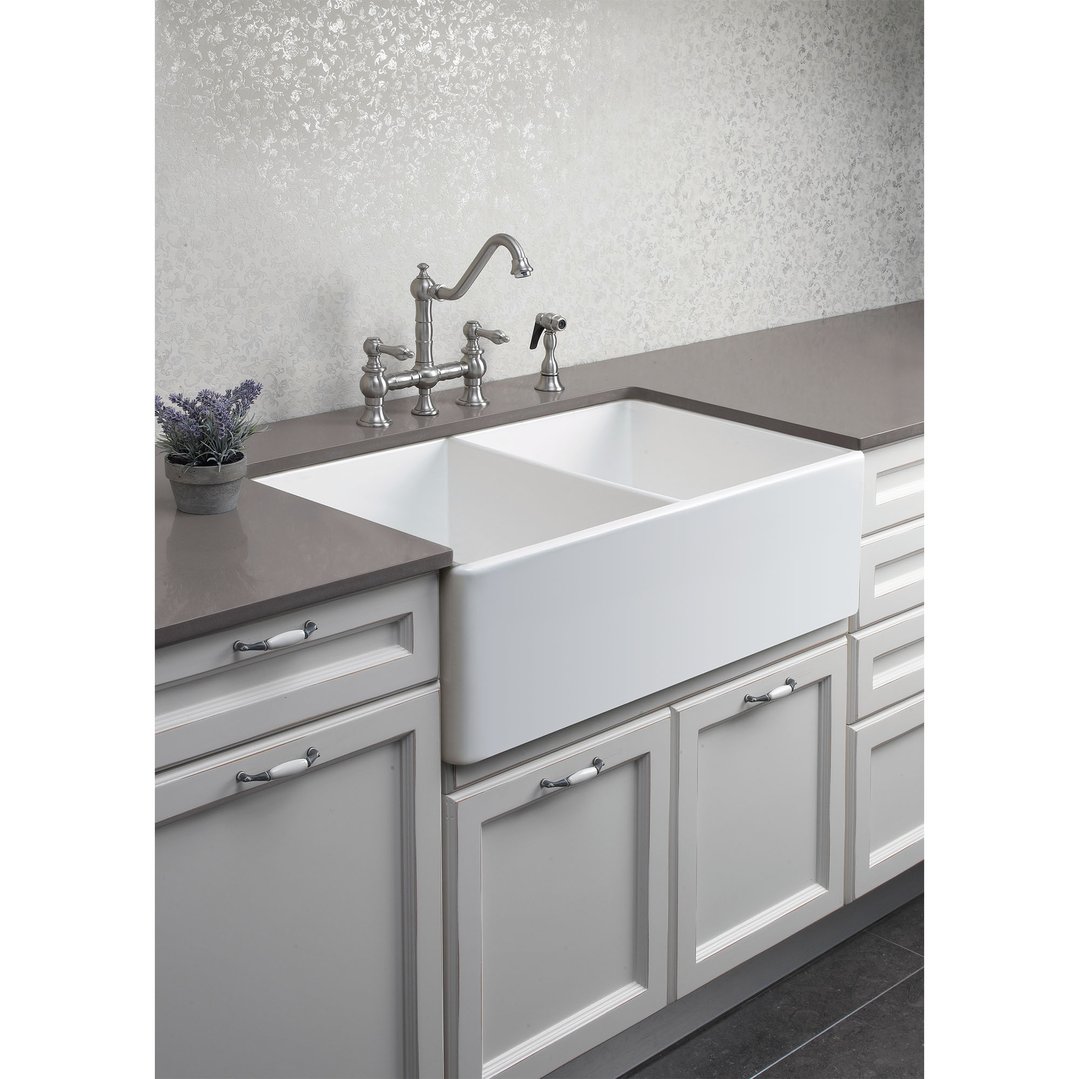 Turner Hastings Novi 85x46 Double Bowl Fireclay Butler Sink - Gloss White NO85FS