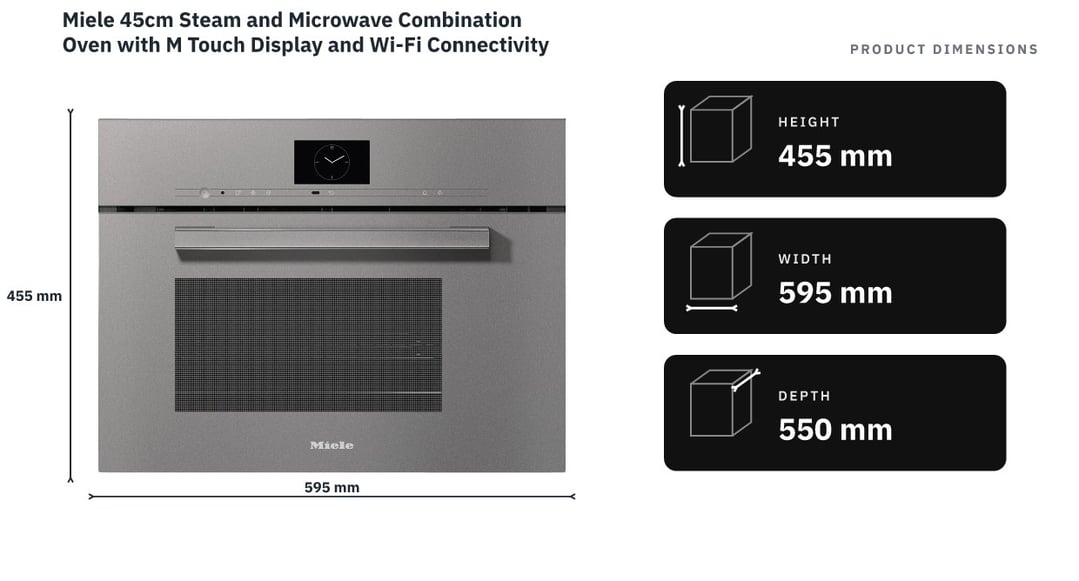 Miele 45cm Steam and Microwave Combination Oven with M Touch Display and Wi-Fi Connectivity Graphite Grey DGM7640GRGR — product dimensions