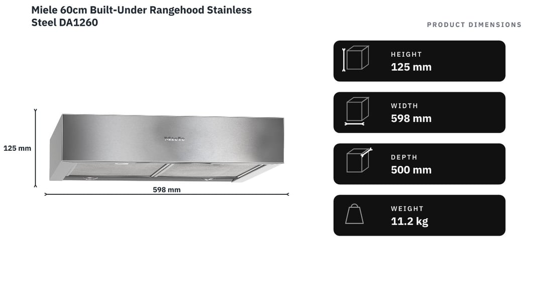 Miele 60cm Built-Under Rangehood Stainless Steel DA1260 — product dimensions