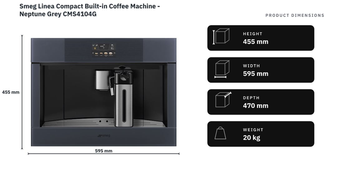 Smeg Linea Compact Built-in Coffee Machine - Neptune Grey CMS4104G — product dimensions