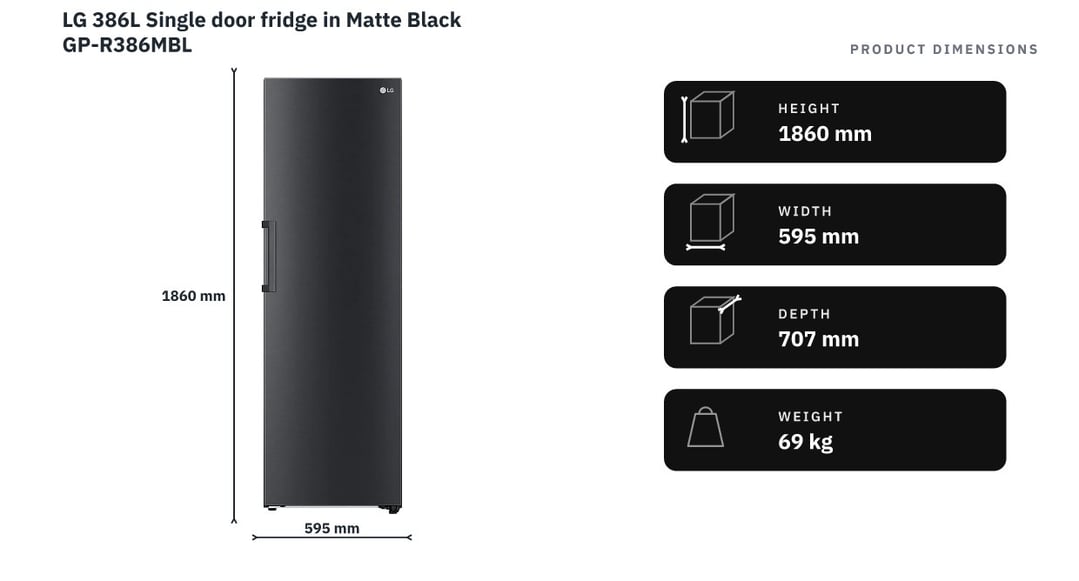 LG 386L Single door fridge in Matte Black GP-R386MBL — product dimensions