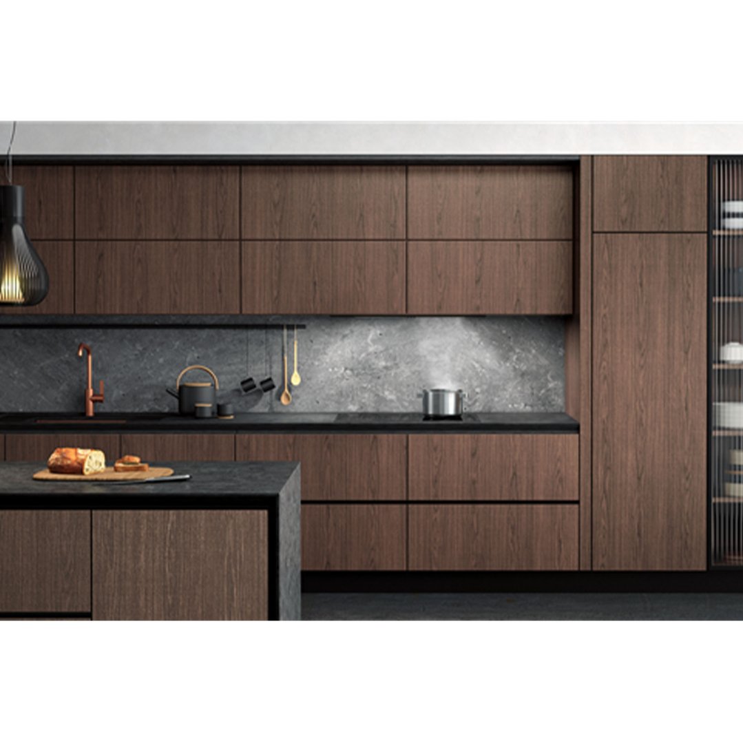 Modern kitchen with dark wood cabinets, stone backsplash, and cooking appliances