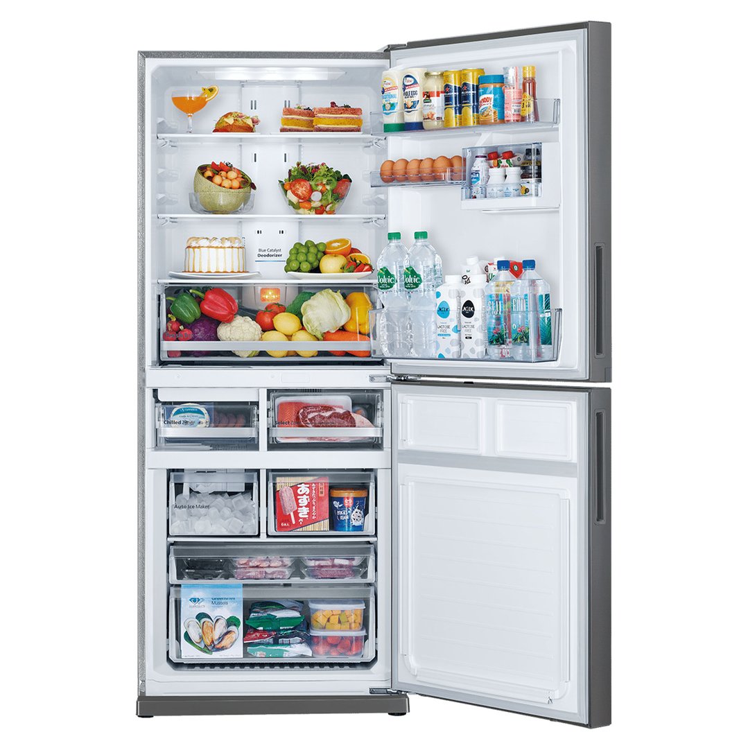 Open Mitsubishi Electric fridge filled with food and drinks