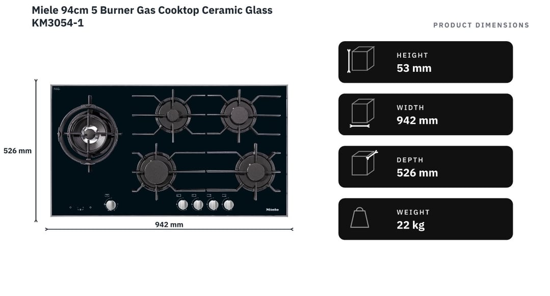 Miele 94cm 5 Burner Gas Cooktop Ceramic Glass KM3054-1 — product dimensions