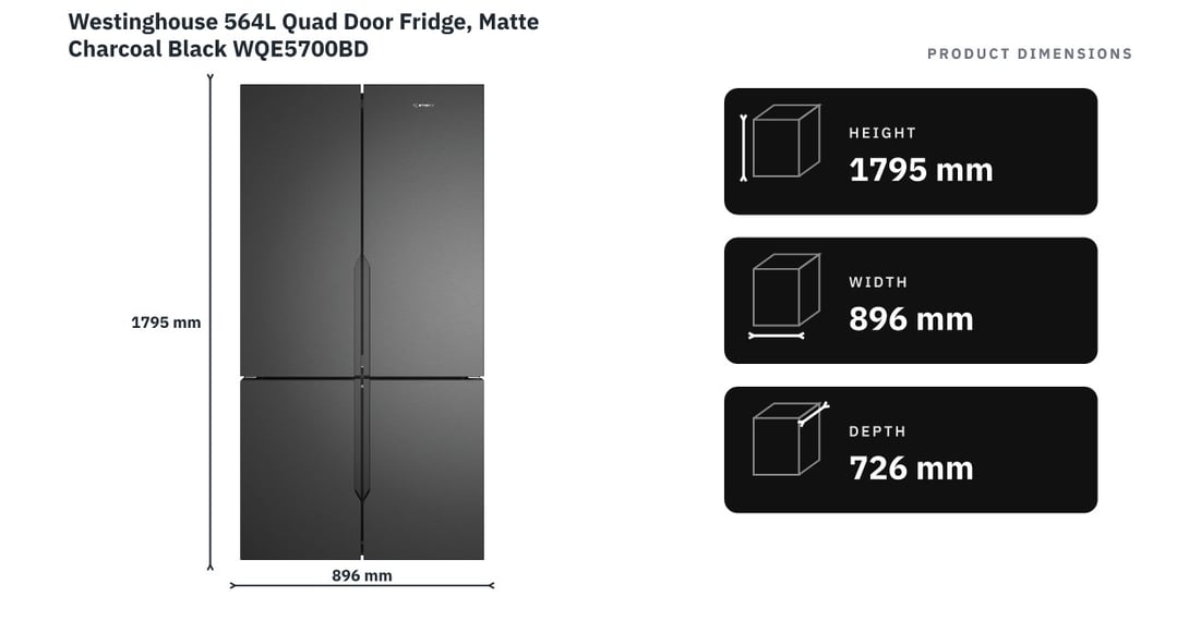 Westinghouse 564L Quad Door Fridge, Matte Charcoal Black WQE5700BD — product dimensions