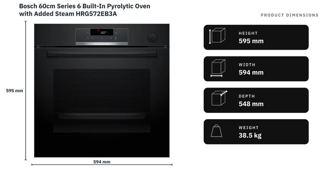 Bosch 60cm Series 6 Built-In Pyrolytic Oven with Added Steam HRG572EB3A — product dimensions