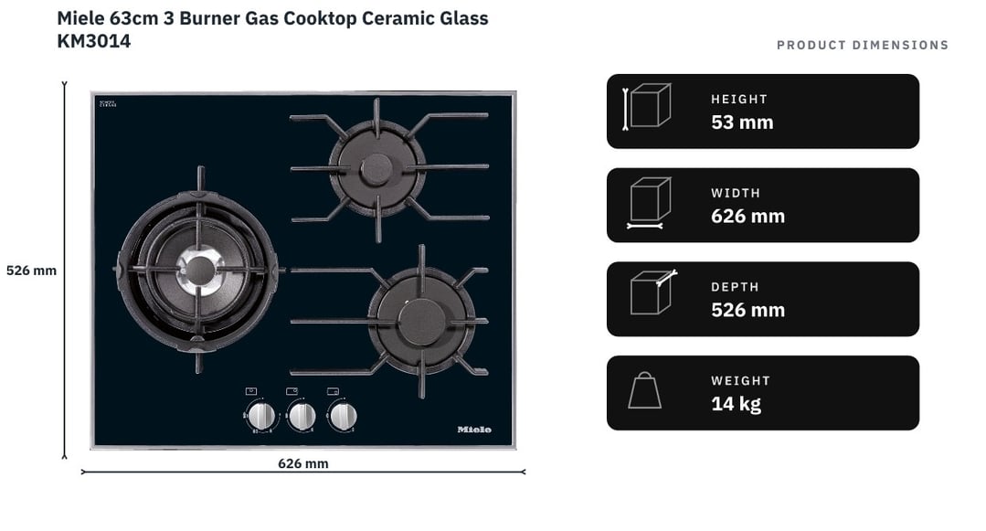 Miele 63cm 3 Burner Gas Cooktop Ceramic Glass KM3014 — product dimensions