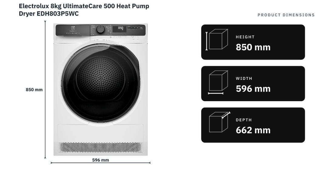 Electrolux 8kg UltimateCare 500 Heat Pump Dryer EDH803P5WC — product dimensions