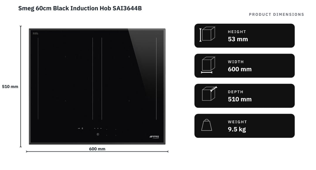 Smeg 60cm Black Induction Hob SAI3644B — product dimensions