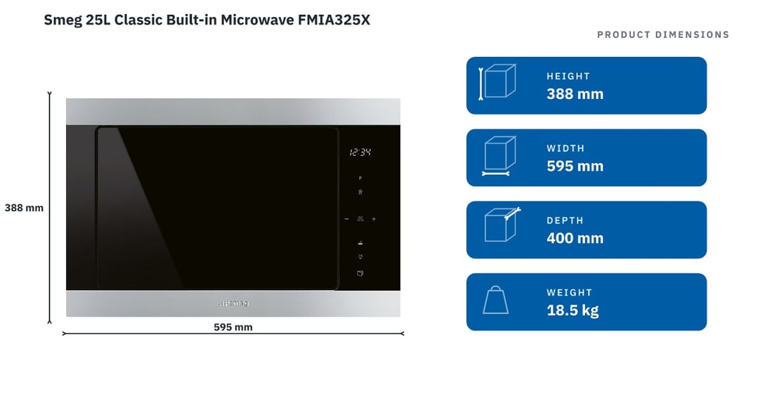 Smeg 25L Classic Built-in Microwave FMIA325X — product dimensions