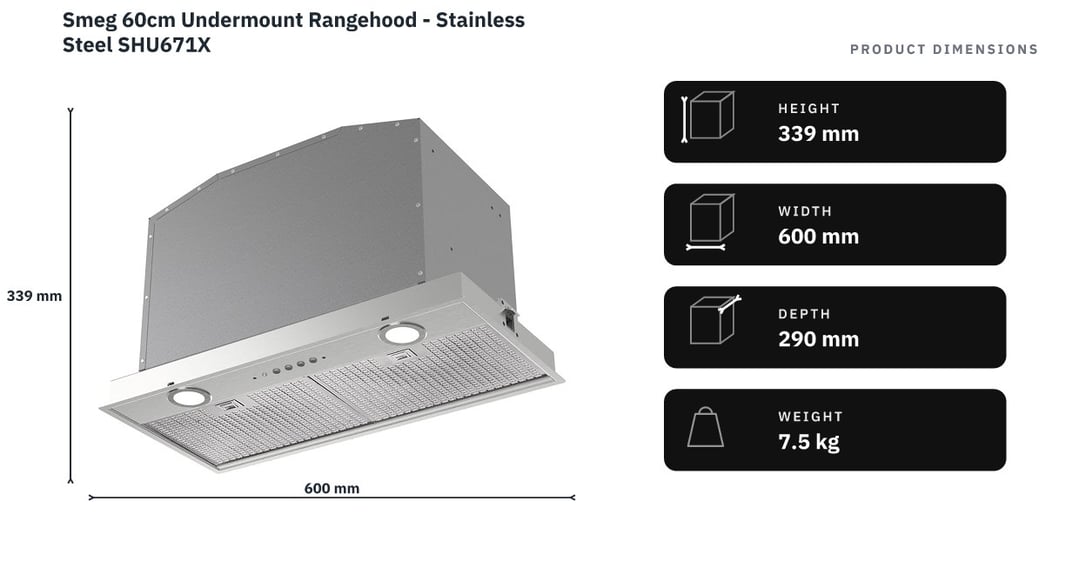 Smeg 60cm Undermount Rangehood - Stainless Steel SHU671X — product dimensions
