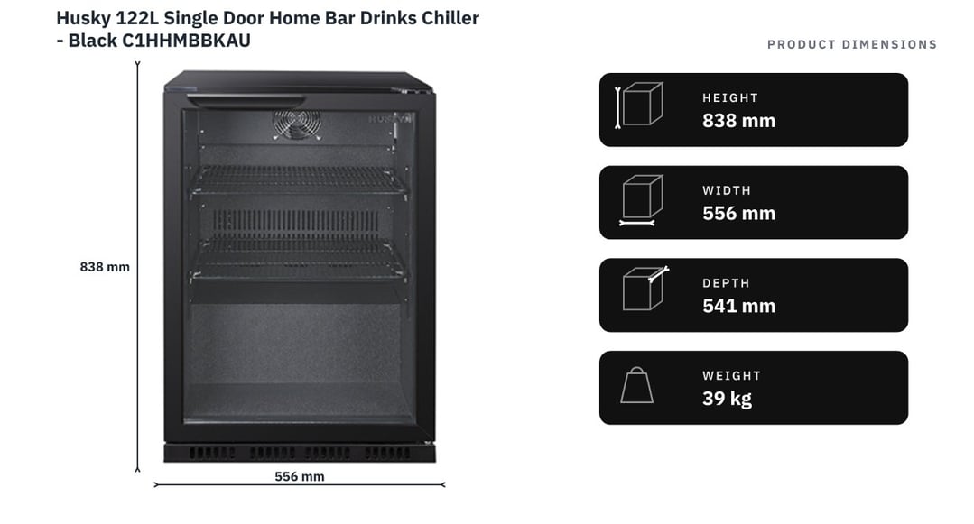 Husky 122L Single Door Home Bar Drinks Chiller - Black C1HHMBBKAU — product dimensions