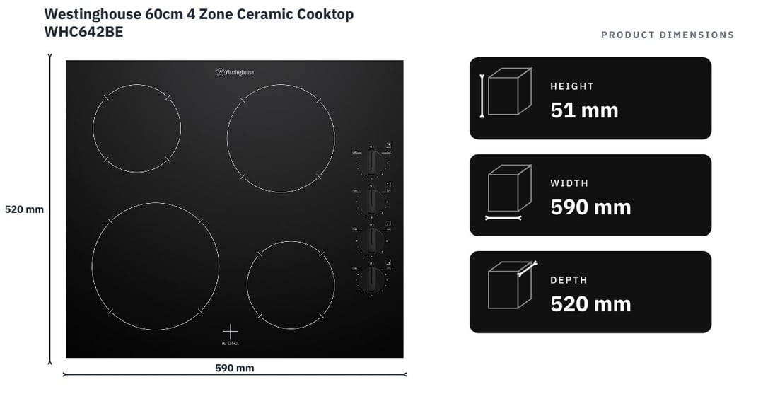 Westinghouse 60cm 4 Zone Ceramic Cooktop WHC642BE — product dimensions