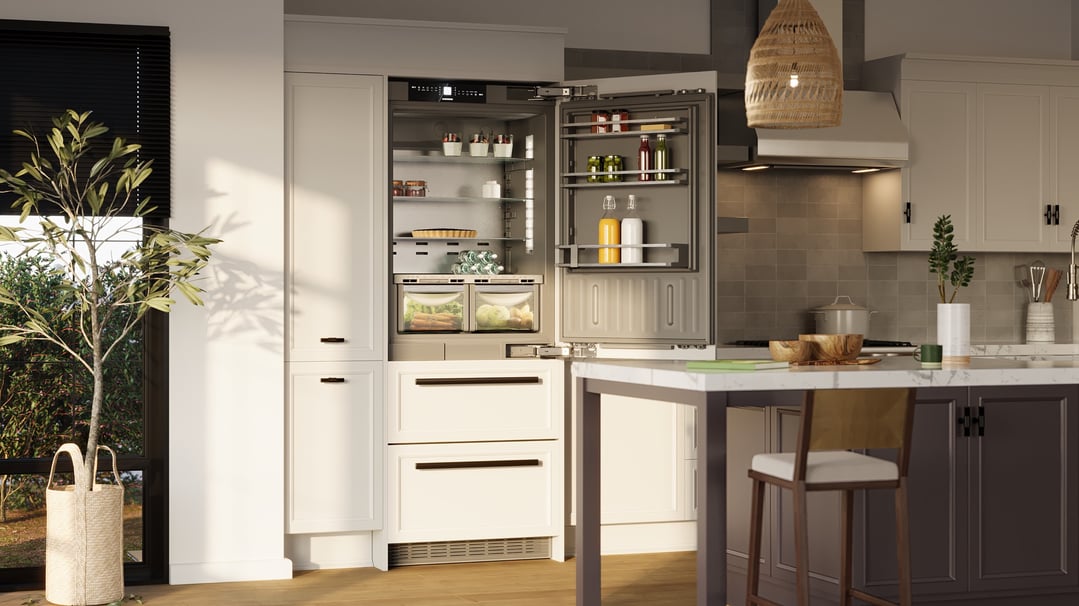 Integrated fridge with open doors in a modern kitchen setting