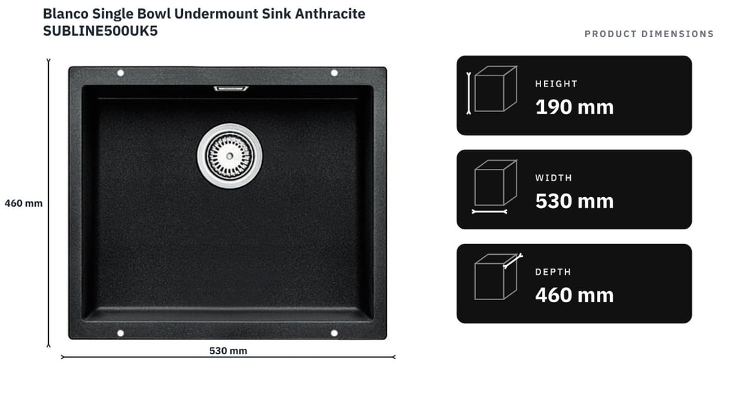 Blanco Single Bowl Undermount Sink Anthracite SUBLINE500UK5 — product dimensions