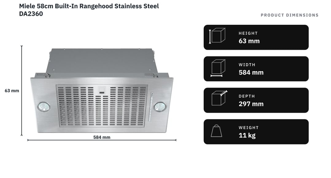 Miele 58cm Built-In Rangehood Stainless Steel DA2360 — product dimensions