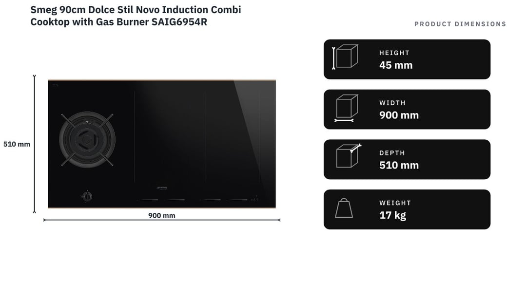 Smeg 90cm Dolce Stil Novo Induction Combi Cooktop with Gas Burner SAIG6954R — product dimensions