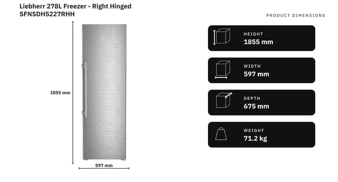 Liebherr 278L Freezer - Right Hinged SFNSDH5227RHH — product dimensions