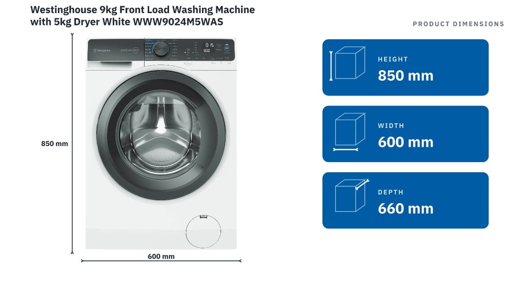 Westinghouse 9kg Front Load Washing Machine with 5kg Dryer White WWW9024M5WAS — product dimensions