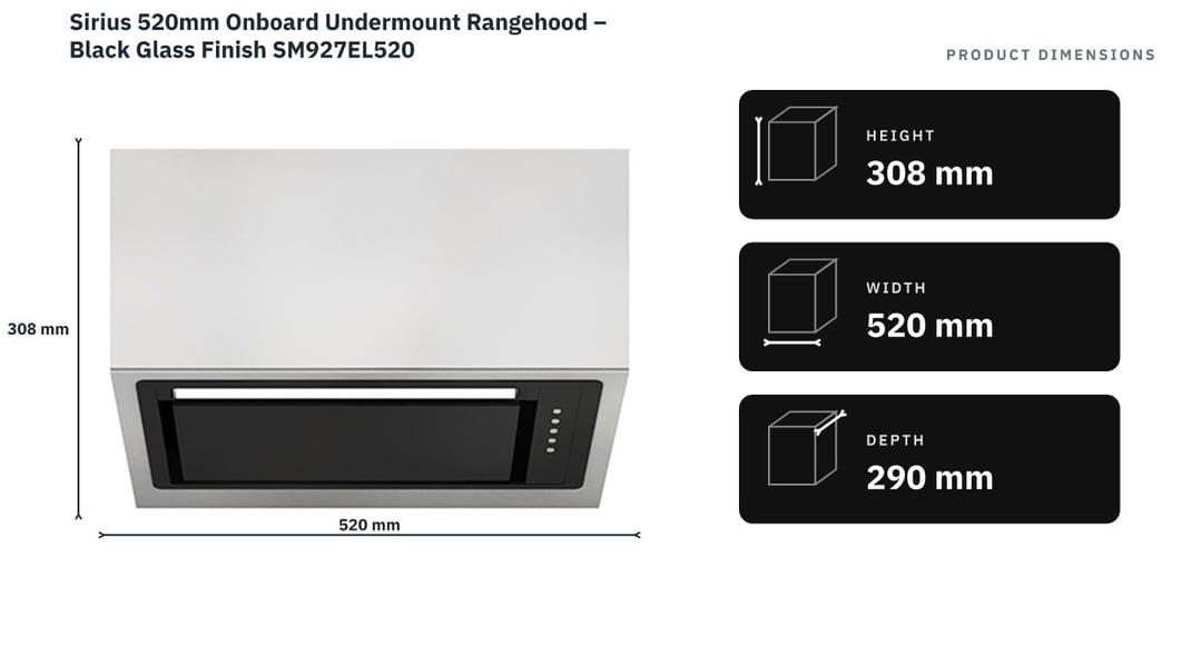 Sirius 520mm Onboard Undermount Rangehood – Black Glass Finish SM927EL520 — product dimensions