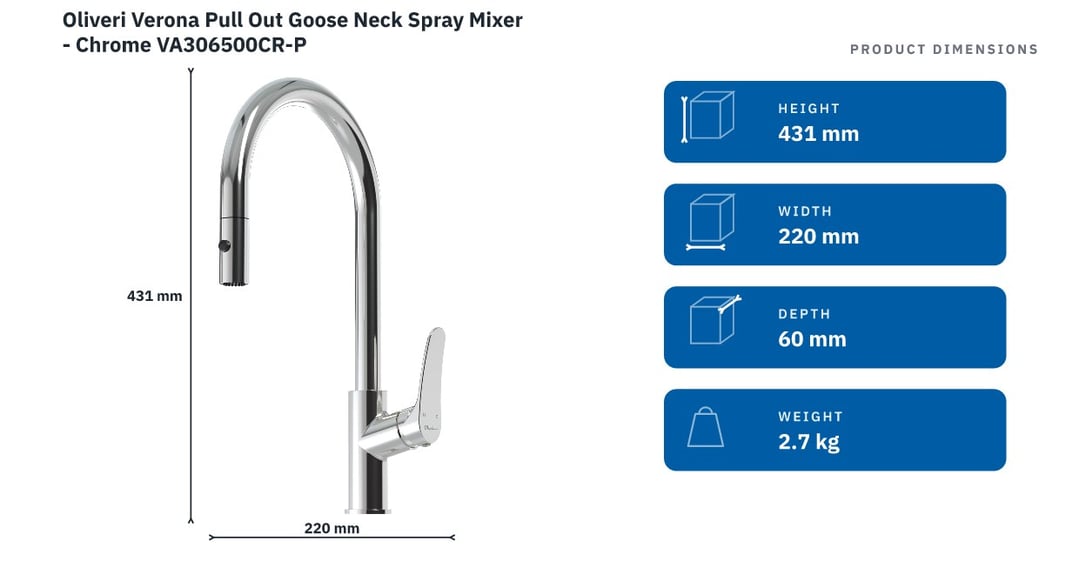Oliveri Verona Pull Out Goose Neck Spray Mixer - Chrome VA306500CR-P
