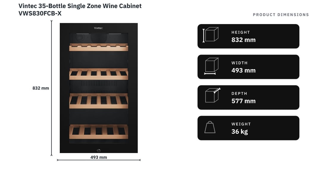 Vintec 35-Bottle Single Zone Wine Cabinet VWS830FCB-X — product dimensions