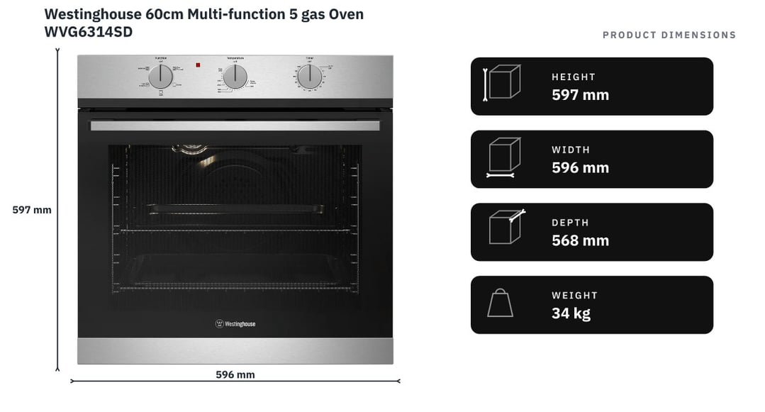 Westinghouse 60cm Multi-function 5 gas Oven WVG6314SD — product dimensions