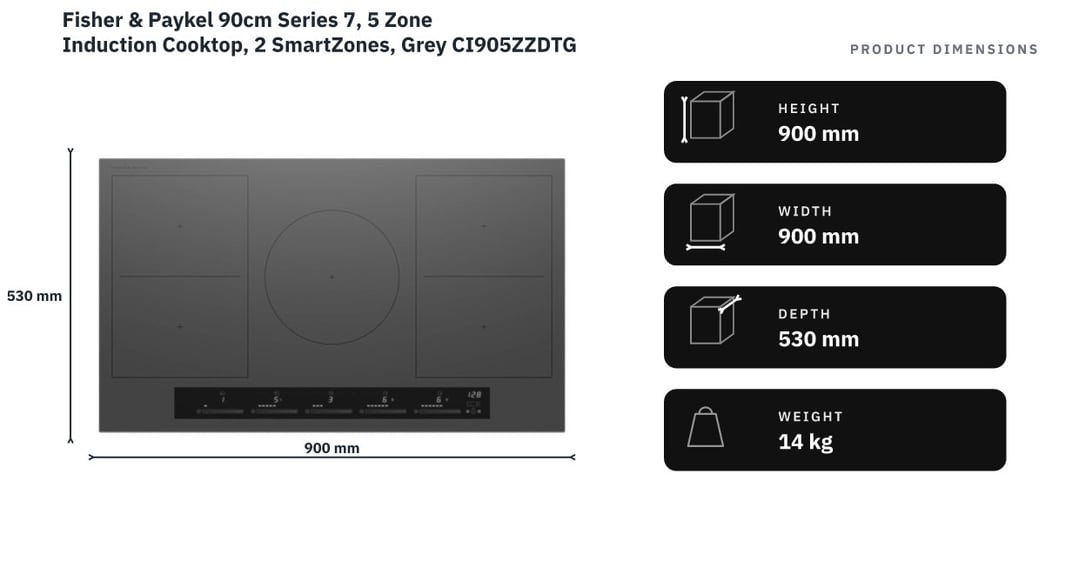 Fisher & Paykel 90cm Series 7, 5 Zone Induction Cooktop, 2 SmartZones, Grey CI905ZZDTG5 — product dimensions