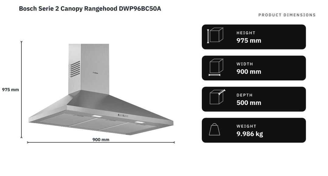 Bosch Serie 2 Canopy Rangehood DWP96BC50A — product dimensions