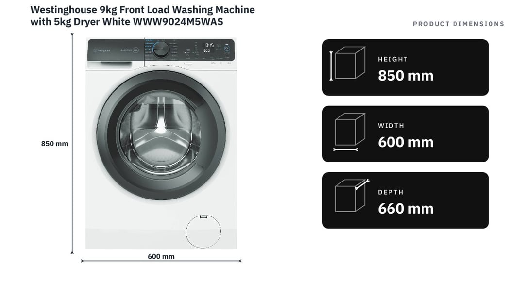 Westinghouse 9kg Front Load Washing Machine with 5kg Dryer White WWW9024M5WAS — product dimensions