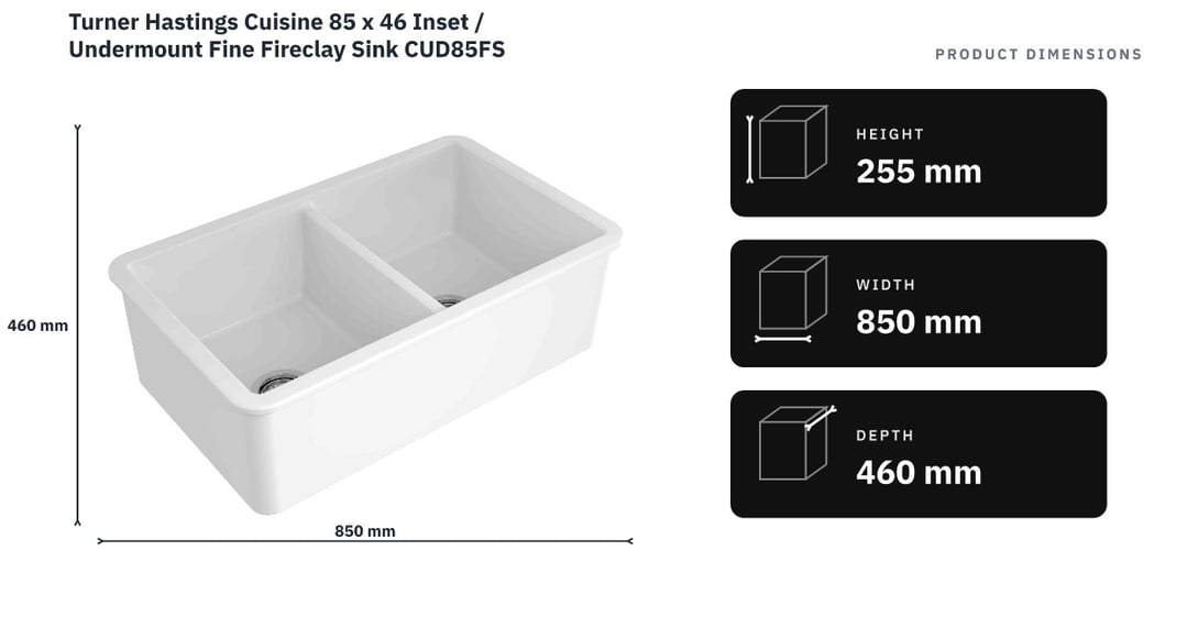Turner Hastings Cuisine 85 x 46 Inset / Undermount Fine Fireclay Sink CUD85FS — product dimensions