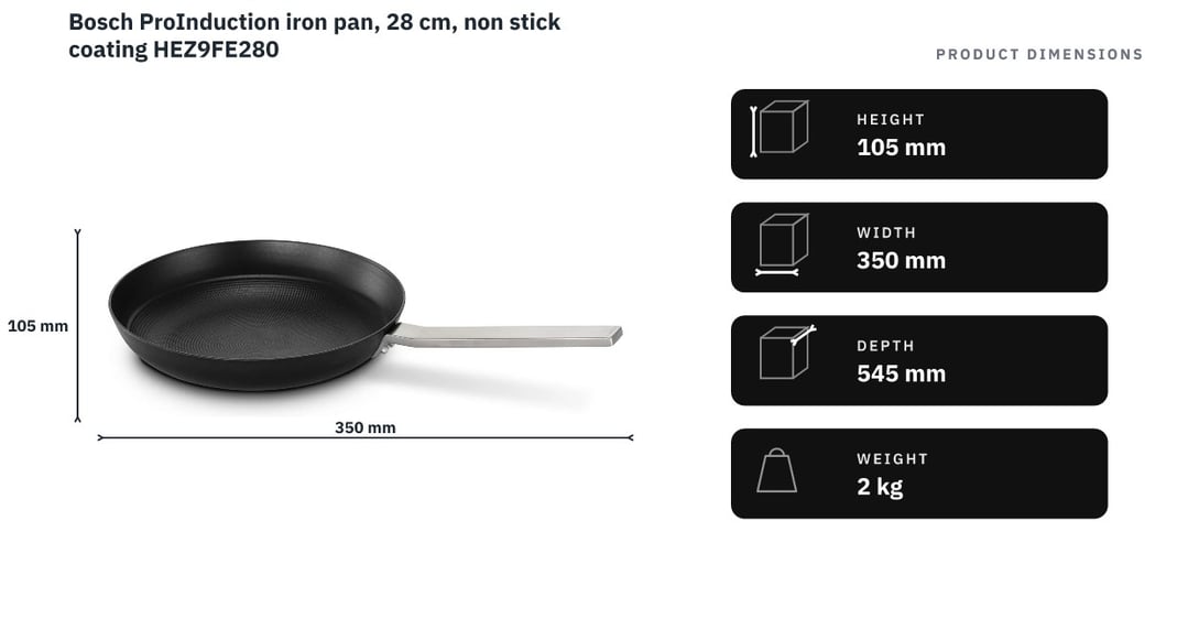 Bosch ProInduction iron pan, 28 cm, non stick coating HEZ9FE280 — product dimensions