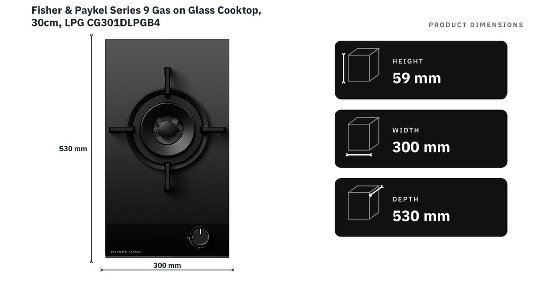 Fisher & Paykel Series 9 Gas on Glass Cooktop, 30cm, LPG CG301DLPGB4 — product dimensions