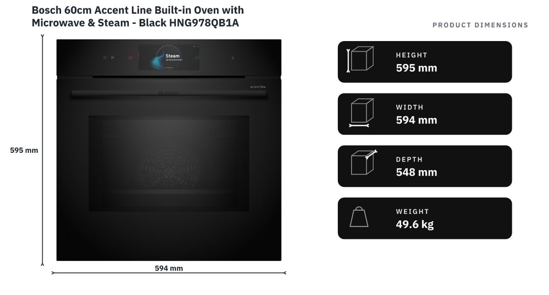 Bosch 60cm Accent Line Built-in Oven with Microwave & Steam - Black HNG978QB1A — product dimensions