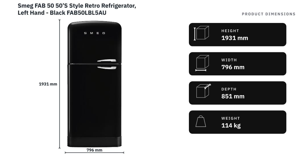 Smeg FAB 50 50’S Style Retro Refrigerator, Left Hand - Black FAB50LBL5AU — product dimensions