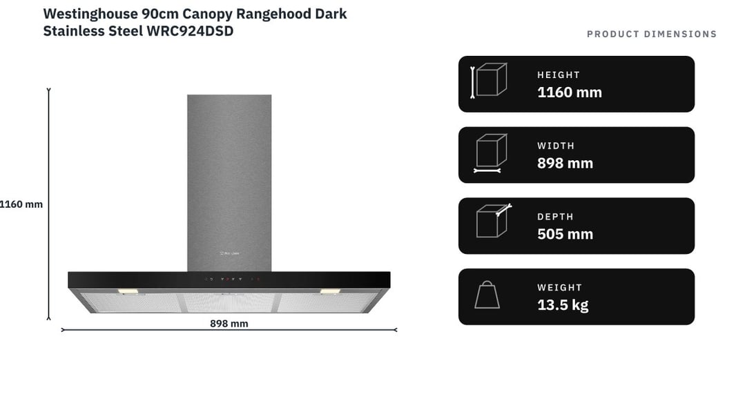 Westinghouse 90cm Canopy Rangehood Dark Stainless Steel WRC924DSD — product dimensions