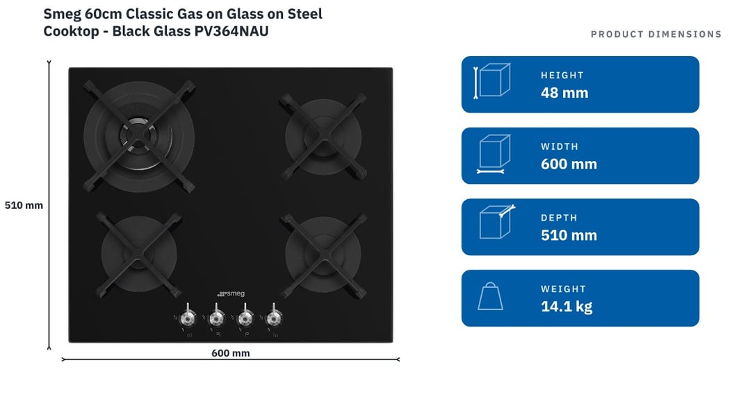 Smeg 60cm Classic Gas on Glass on Steel Cooktop - Black Glass PV364NAU