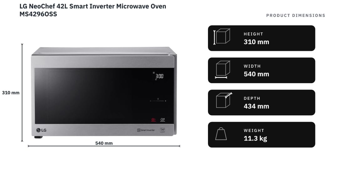 LG NeoChef 42L Smart Inverter Microwave Oven MS4296OSS — product dimensions