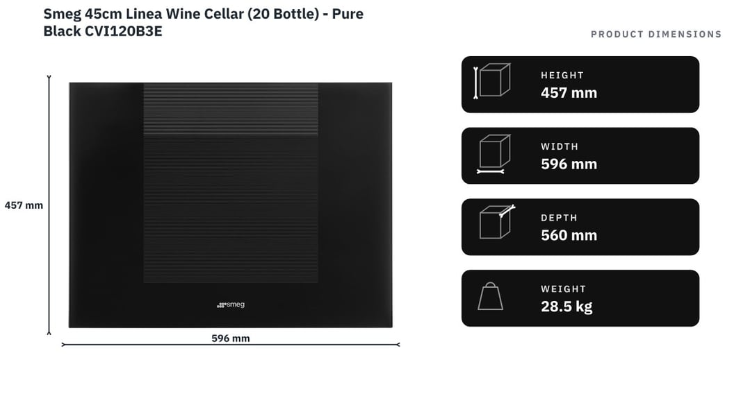 Smeg 45cm Linea Wine Cellar (20 Bottle) - Pure Black CVI120B3E — product dimensions