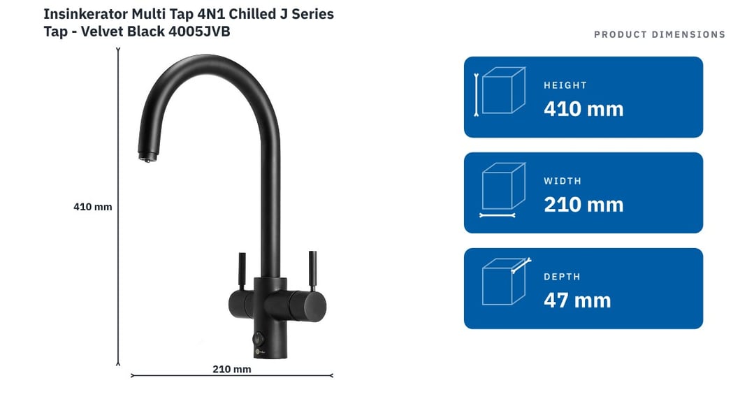 Insinkerator Multi Tap 4N1 Chilled J Series Tap - Velvet Black 4005JVB — product dimensions