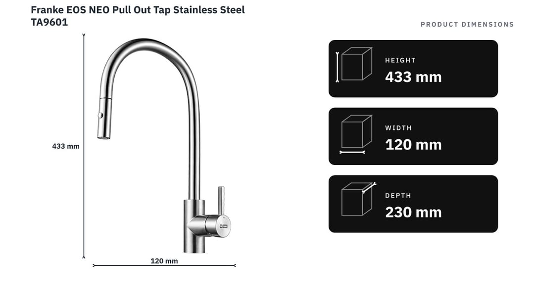 Franke EOS NEO Pull Out Tap Stainless Steel TA9601 — product dimensions