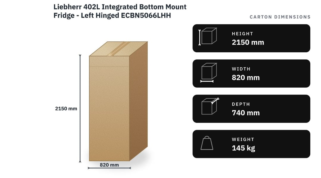 Liebherr 402L Integrated Bottom Mount Fridge - Left Hinged ECBN5066LHH — packaged dimensions
