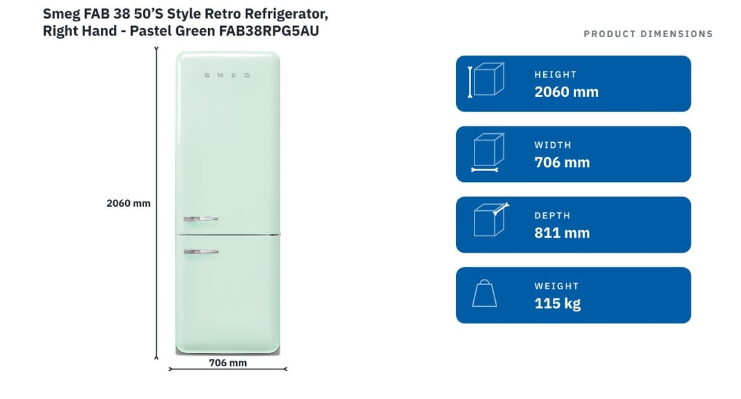 Smeg FAB 38 50’S Style Retro Refrigerator, Right Hand - Pastel Green FAB38RPG5AU