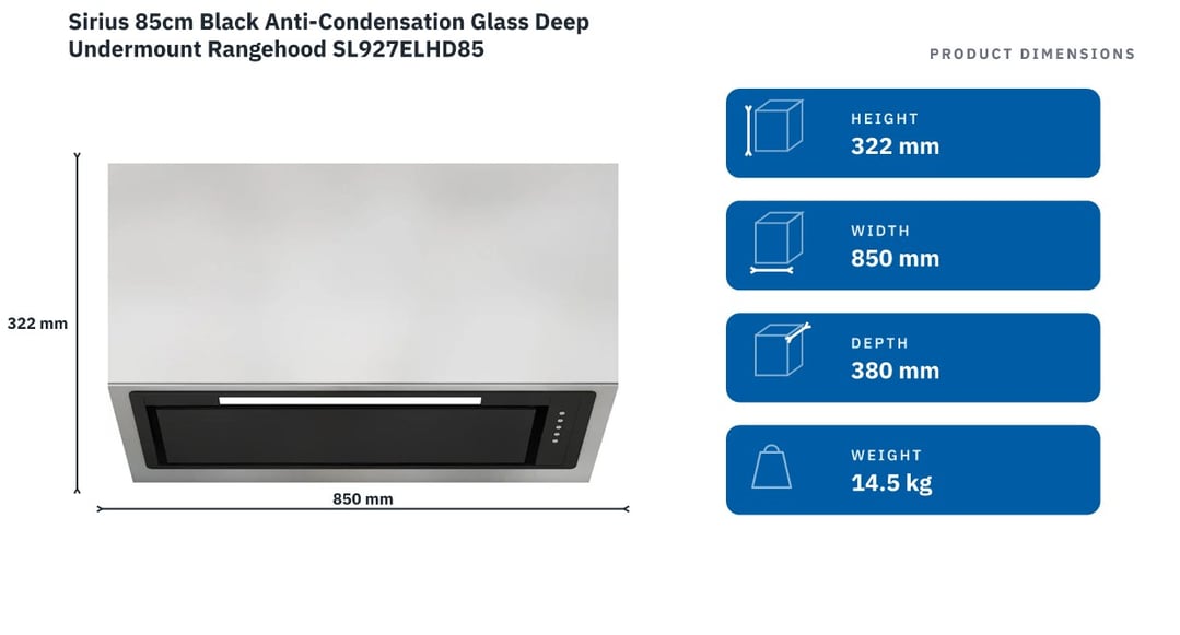 Sirius 85cm Black Anti-Condensation Glass Deep Undermount Rangehood SL927ELHD85 — product dimensions