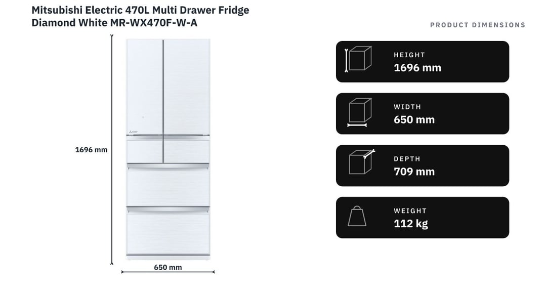 Mitsubishi Electric 470L Multi Drawer Fridge Diamond White MR-WX470F-W-A — product dimensions
