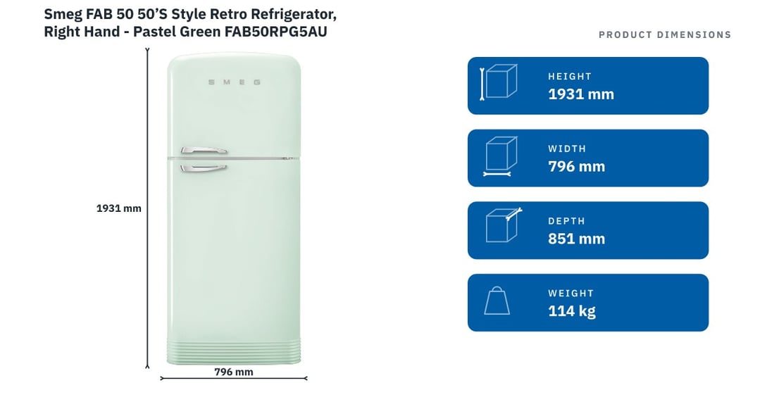 Smeg FAB 50 50’S Style Retro Refrigerator, Right Hand - Pastel Green FAB50RPG5AU